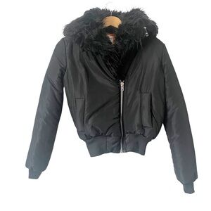 UNIF Amelia Black Bomber Jacket with Faux Fur Trim Size Extra Small
